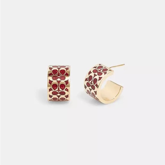 Coach Signature Enamel Huggie Earrings in Gold & Red Glitter - Picture 3 of 3